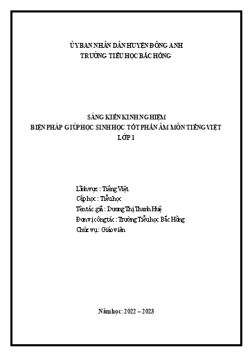 Sáng kiến kinh nghiệm Biện pháp giúp học sinh học tốt phần âm môn tiếng Việt Lớp 1 theo bộ sách Kết nối tri thức