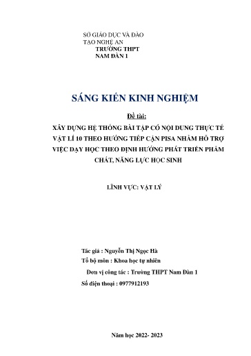 SKKN Xây dựng hệ thống bài tập có nội dung thực tế Vật lí 10 Kết nối tri thức theo hướng tiếp cận PISA nhằm hỗ trợ việc dạy học theo định hướng phát triển phẩm chất, năng lực học sinh