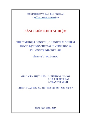 Sáng kiến kinh nghiệm Thiết kế hoạt động thực hành trải nghiệm trong dạy học churong III - Hình Học 10 Chương trình GDPT 2018