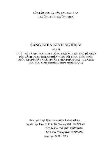 Thiết kế và tổ chức hoạt động trải nghiệm chủ đề “Bảo tồn cảnh quan thiên nhiên” gắn với thực tiễn rừng quốc gia Pù Mát nhằm phát triển phẩm chất và năng lực học sinh trường THPT Mường Quạ theo bộ sách Kết nối tri thức