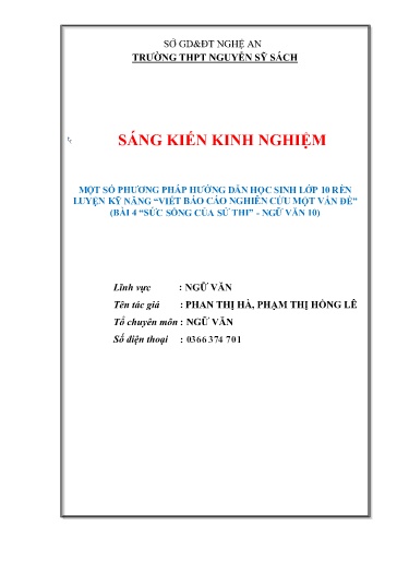 Sáng kiến kinh nghiệm Một số phương pháp hướng dẫn học sinh Lớp 10 rèn luyện kỹ năng “Viết Báo cáo nghiên cứu một vấn đề” (Bài 4 “Sức sống của Sử thi” - Ngữ văn 10 Kết nối tri thức)