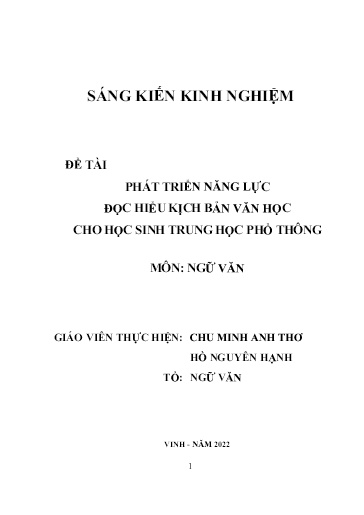 Sáng kiến kinh nghiệm Phát triển năng lực đọc hiểu kịch bản văn học cho học sinh trung học phổ thông theo SGK mới