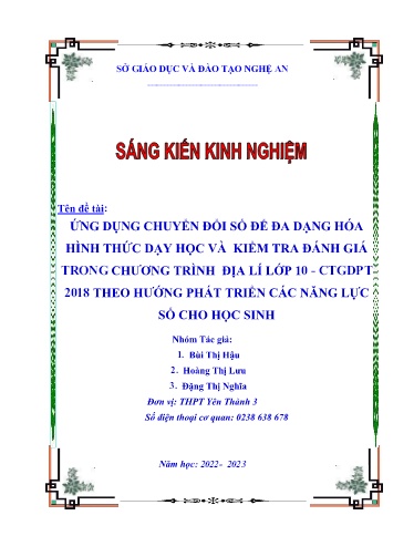 Sáng kiến kinh nghiệm Ứng dụng chuyển đổi số để đa dạng hóa hình thức dạy học và kiểm tra đánh giá trong chương trình Địa lí Lớp 10 KNTT - CTGDPT 2018 theo hướng phát triển các năng lực số cho học sinh