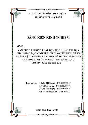 Sáng kiến kinh nghiệm Vận dụng phương pháp dạy học dự án khi dạy phần Giáo dục kinh tế môn Giáo dục kinh tế và pháp luật 10 (Kết nối tri thức), nhằm phát huy năng lực sáng tạo của học sinh ở Trường THPT Nam Đàn 2