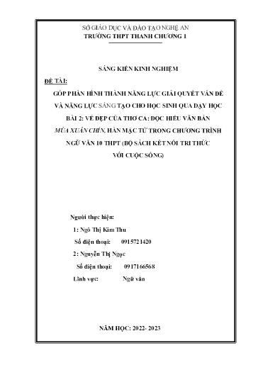 SKKN Góp phần hình thành năng lực giải quyết vấn đề và năng lực sáng tạo cho HS qua dạy học Bài 2﹕ Vẻ đẹp của thơ ca﹕ Đọc hiểu văn bản Mùa xuân chín, Hàn Mặc Tử trong CT Ngữ văn 10 THPT (Bộ sách Kết nối tri thức)