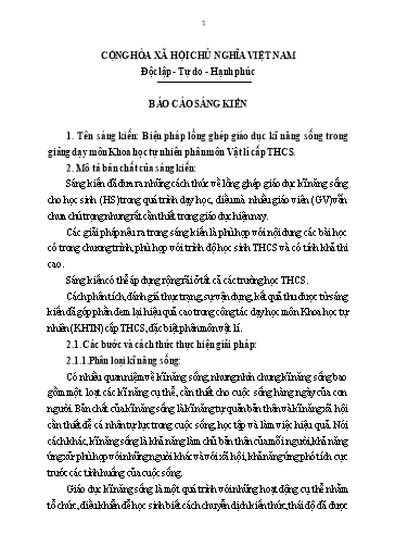Sáng kiến kinh nghiệm Biện pháp lồng ghép giáo dục kĩ năng sống trong giảng dạy môn Khoa học tự nhiên phân môn Vật lí cấp THCS