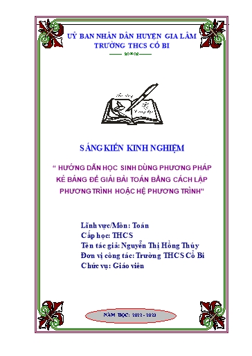 Sáng kiến kinh nghiệm Hướng dẫn học sinh dùng phương pháp kẻ bảng để giải bài toán bằng cách lập phương trình hoặc hệ phương trình