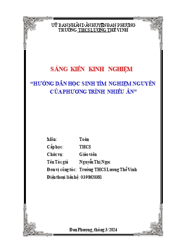Sáng kiến kinh nghiệm Hướng dẫn học sinh tìm nghiệm nguyên của phương trình nhiều ẩn Sáng kiến kinh nghiệm Hướng dẫn học sinh tìm nghiệm nguyên của phương trình nhiều ẩn