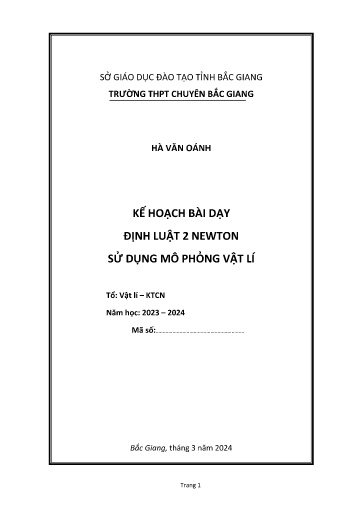 Sáng kiến kinh nghiệm Kế hoạch bài dạy Định luật 2 Newton sử dụng mô phỏng vật lí (Vật lí Lớp 10, sách Kết nối tri thức với cuộc sống)
