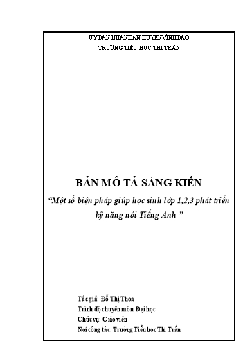 Sáng kiến kinh nghiệm Một số biện pháp giúp học sinh Lớp 1, 2, 3 phát triển kỹ năng nói Tiếng Anh