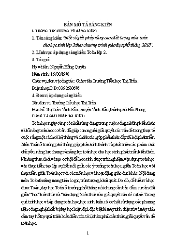 Sáng kiến kinh nghiệm Một số giải pháp nâng cao chất lượng môn Toán cho học sinh Lớp 2 theo chương trình giáo dục phổ thông 2018 (bộ sách Kết nối tri thức)