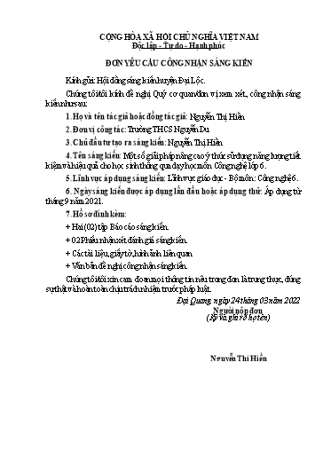 Sáng kiến kinh nghiệm Một số giải pháp nâng cao ý thức sử dụng năng lượng tiết kiệm và hiệu quả cho học sinh thông qua dạy học môn Công nghệ Lớp 6