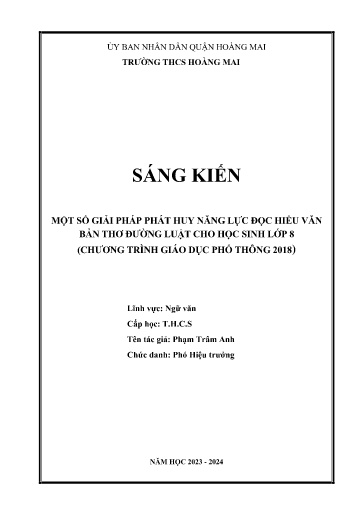 Sáng kiến kinh nghiệm Một số giải pháp phát huy năng lực đọc hiểu văn bản thơ Đường luật cho học sinh Lớp 8 (Chương trình GDPT 2018)