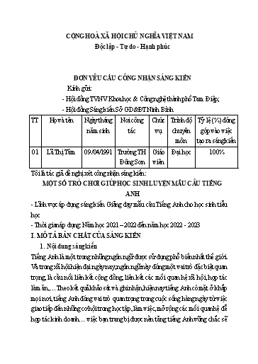 Sáng kiến kinh nghiệm Một số trò chơi giúp học sinh luyện mẫu câu Tiếng Anh có hiệu quả