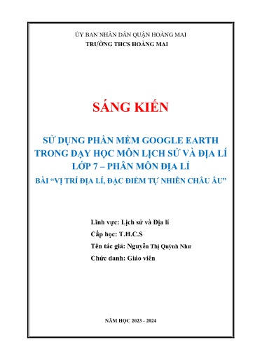 Sáng kiến kinh nghiệm Sử dụng phần mềm Google Earth trong dạy học môn Lịch sử và Địa lí Lớp 7 (Kết nối tri thức) – Phân môn Địa lí – Bài Vị trí địa lí, đặc điểm tự nhiên Châu Âu