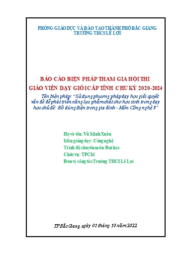 Sáng kiến kinh nghiệm Sử dụng phương pháp dạy học giải quyết vấn đề để phát triển năng lực phẩm chất cho học sinh trong dạy học chủ đề ”Đồ dùng điện trong gia đình” - Môn Công nghệ 8