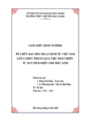 Sáng kiến kinh nghiệm Tổ chức dạy học Địa lí kinh tế Việt Nam Lớp 12 THPT thông qua việc phát triển tư duy phản biện cho học sinh