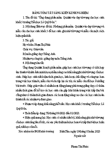 Sáng kiến kinh nghiệm Ứng dụng phần mềm Quizlet vào dạy từ vựng cho học sinh khối 5 trường Tiểu học Lê Quý Đôn