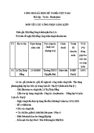 Sáng kiến kinh nghiệm Vận dụng phương pháp dạy học tích cực trong Lịch sử - Địa lý 6 (Phân môn Địa lý, bộ sách Kết nối tri thức)