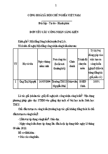 Sáng kiến kinh nghiệm Vận dụng phương pháp giáo dục STEM vào giảng dạy một số bài học môn Sinh học THCS