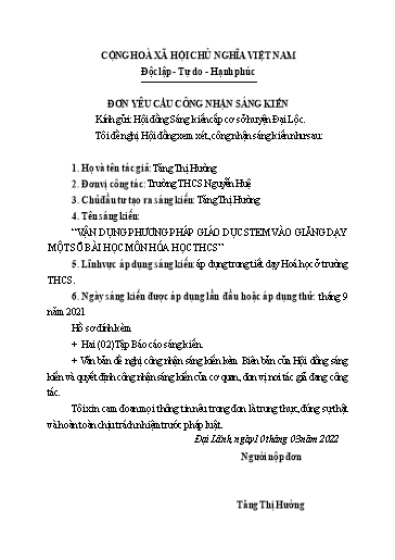 Sáng kiến kinh nghiệm Vận dụng phương pháp giáo dục STEM vào giảng dạy một số bài học môn Hóa học THCS