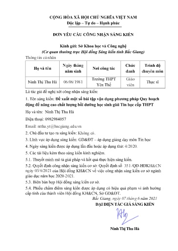 Sáng kiến kinh nghiệm Đề xuất một số bài tập vận dụng phương pháp Quy hoạch động để nâng cao chất lượng bồi dưỡng học sinh giỏi Tin học cấp THPT