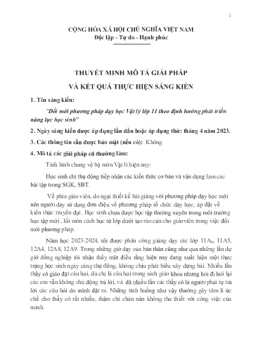 Sáng kiến kinh nghiệm Đổi mới phương pháp dạy học Vật lý Lớp 11 theo định hướng phát triển năng lực học sinh, bộ sách Kết nối tri thức