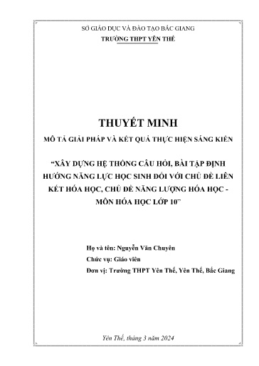 Sáng kiến kinh nghiệm Xây dựng hệ thống câu hỏi, bài tập định hướng năng lực học sinh đối với chủ đề liên kết hóa học, chủ đề năng lượng hóa học - Môn Hóa học Lớp 10