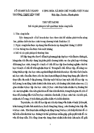 Sáng kiến kinh nghiệm Xây dựng một số kế hoạch dạy học theo chủ đề nhằm phát triển năng lực, phẩm chất của học sinh trong chương trình Sinh học 11